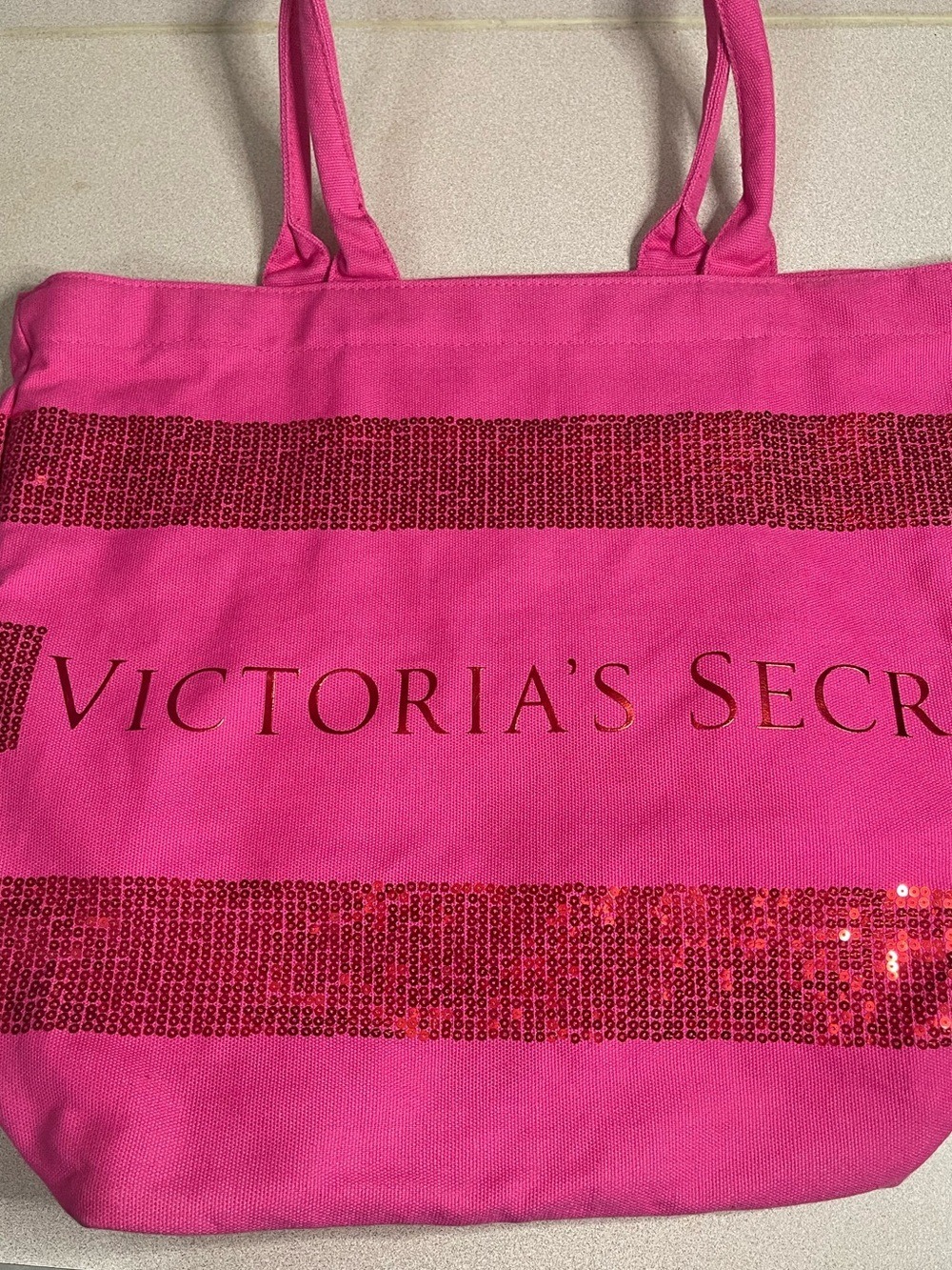 Victoria's Secret Pink Sequin Canvas Tote Bag Large Beach Travel Gym Overnight